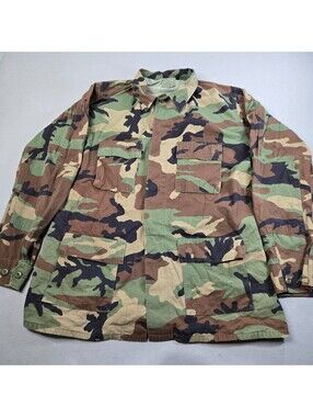 Vintage US Army Woodland BDU Shirt Large X Long Combat Camo Jacket USA 90s